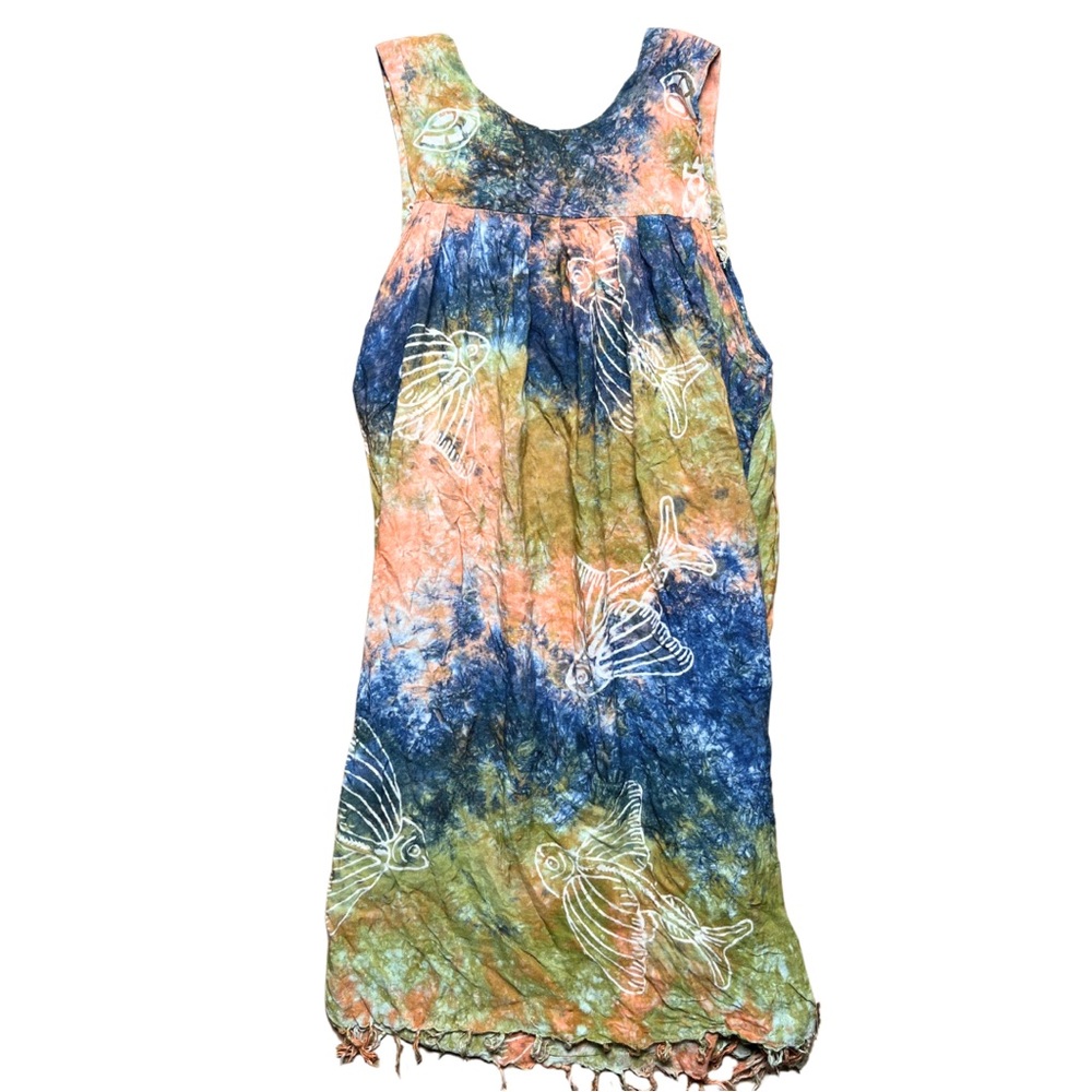 Vintage Beach Casuals Dress Small Batik Tie-Dye Y2K Fish Print Boho Tropical